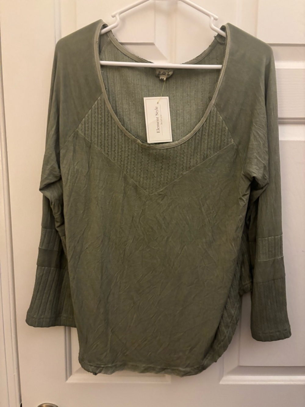 POL Olive Green Scoop Neck Long Sleeve Top Medium New Boho